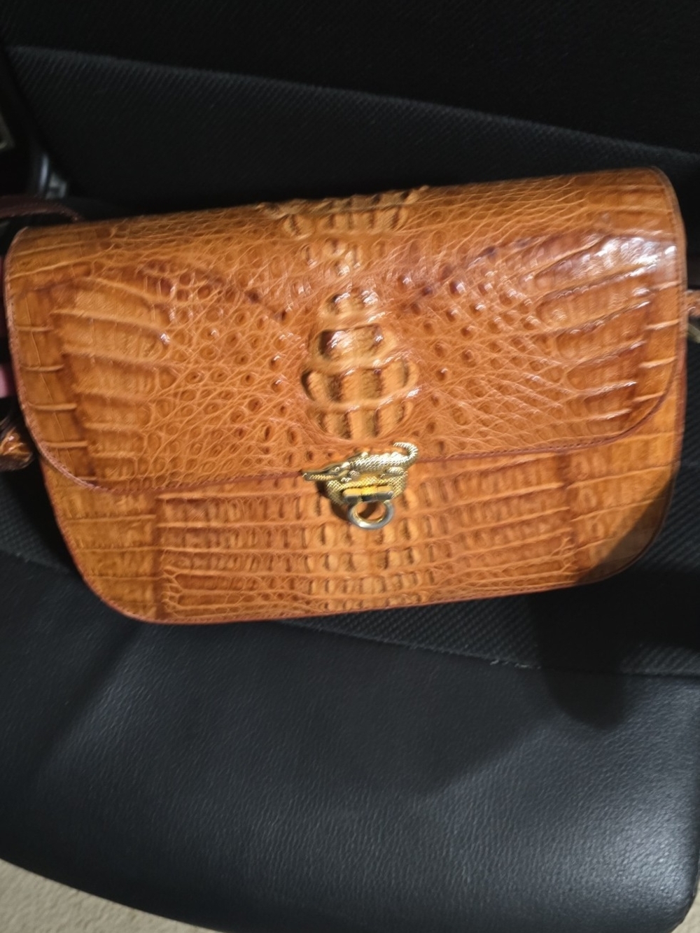 Classic Croc-Embossed Leather Shoulder Bag in Cognac